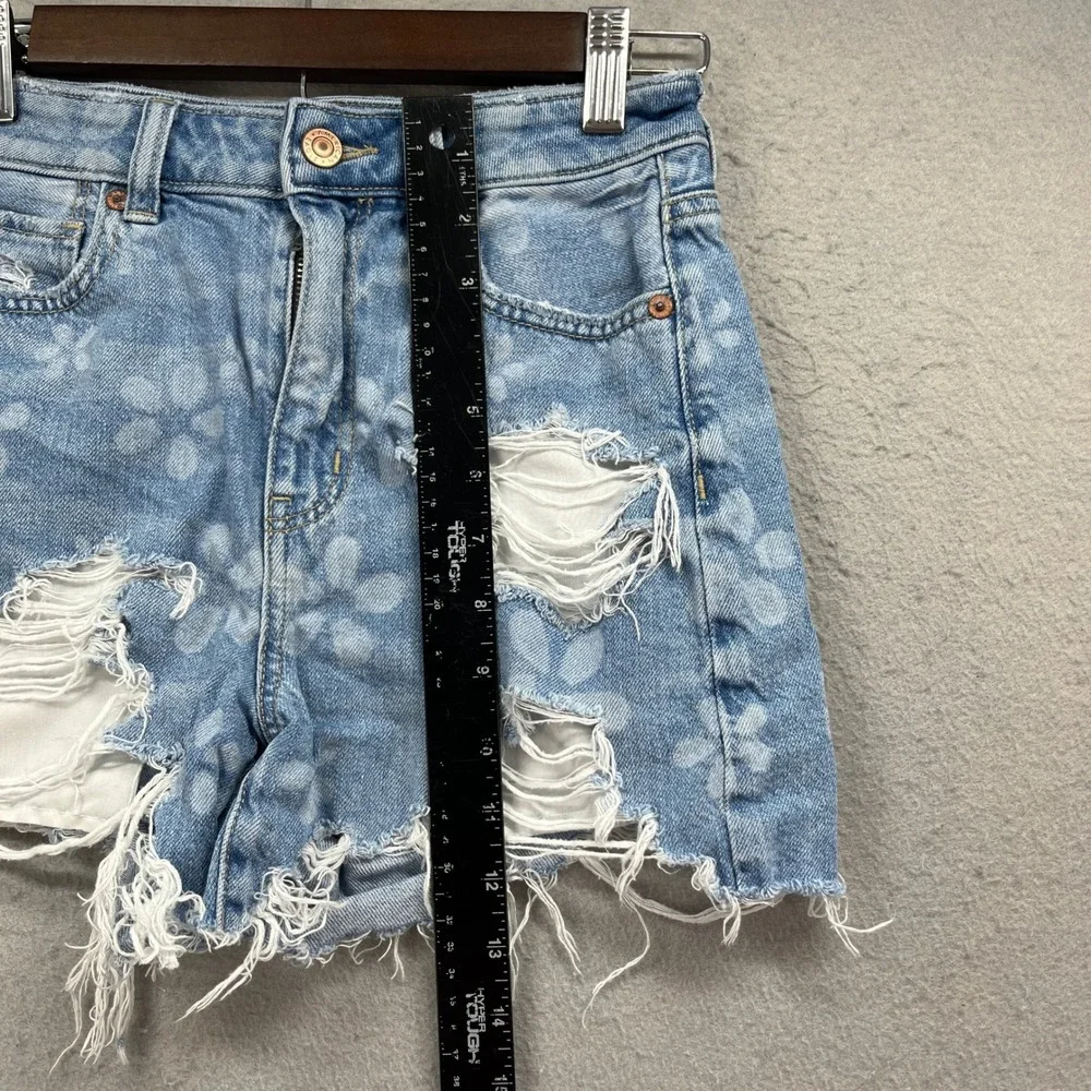 American Eagle Shorts Womens 00 Blue Highest Rise Baggy Floral Distressed Denim